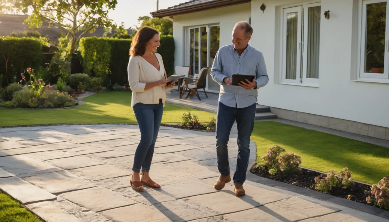 A homeowner reviewing a stamped concrete patio plan near Eagle