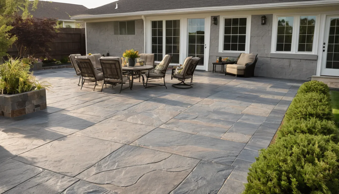 Stamped concrete patio with a slate pattern behind a home near Eagle